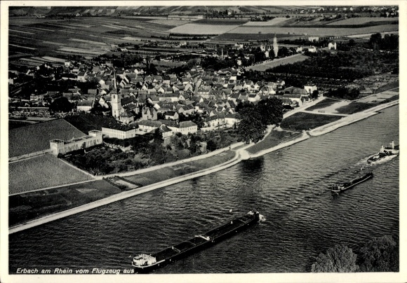 Ak Erbach im Rheingau Eltville am Rhein Hessen, Luftaufnahme von  Fluss und Stadt, Schwarz-Weiß B