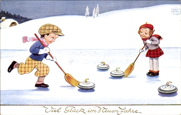 Artist Postcard Wills, John, Happy New Year, Children Playing Curling