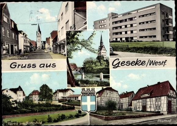 Postcard Geseke in Westphalia, Posthof, train station, Bachstrasse, nurses' home, collegiate church