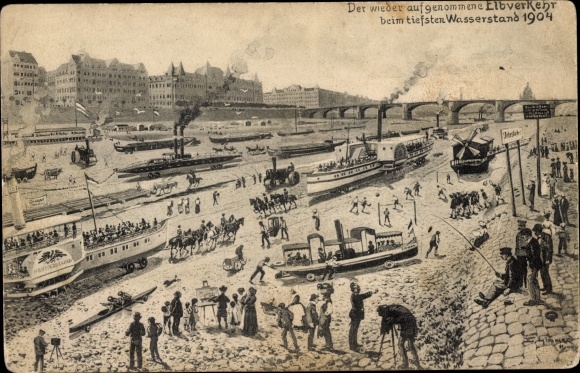Artist PC Dresden Old Town, resumption of shipping traffic in the dried-out Elbe 1904