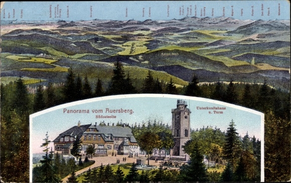 Postcard Wildenthal Eibenstock in the Ore Mountains, panorama from the Auersberg, accommodation house, Riesenberg