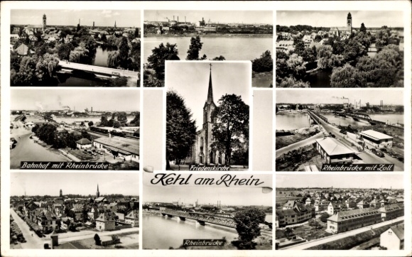 Postcard Kehl am Rhein, church, bridge, train station, cemetery, town hall square