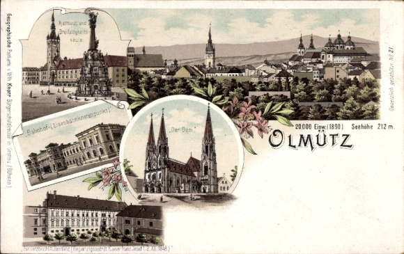 Chromo-Litho Olomouc Olomouc city, cathedral, railway station, town hall, Holy Trinity Church