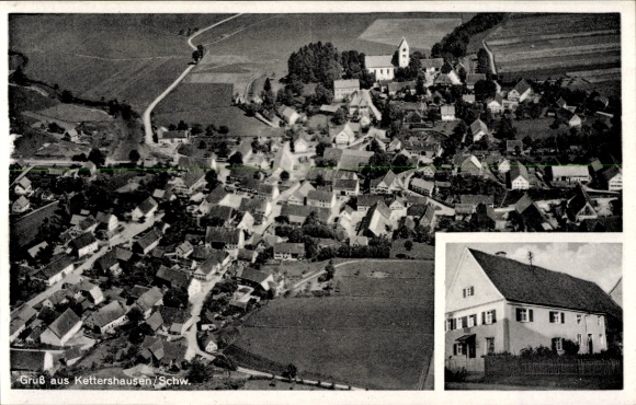 Postcard Kettershausen in Swabia, aerial photograph, commercial building A. Löfflad