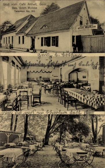 Ak Geuz Köthen in Anhalt, Café Anhalt, Erich Kobbe, Telefon Nr. 310, Tische im Freien