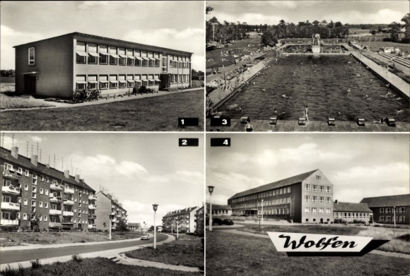 Ak Wolfen in Saksen-Anhalt, kleuterschool Goethestraße, zwembad, POS Erich Weinert