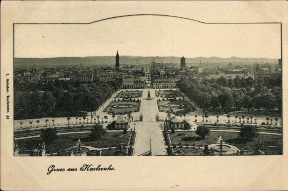Ak Karlsruhe in Baden, Luftaufnahme von  Parkanlagen, Straßen,  Gebäude