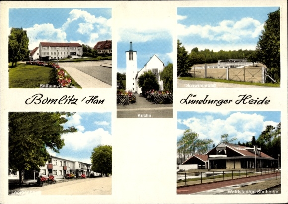 Postcard Bomlitz in Lower Saxony, town hall, swimming pool, forest stadium Südheide, church, single home
