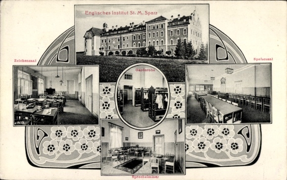 Postcard Sparz Traunstein in Upper Bavaria, English Institute St. M. Sparz, Drawing Room, Mirror Hall, Ga