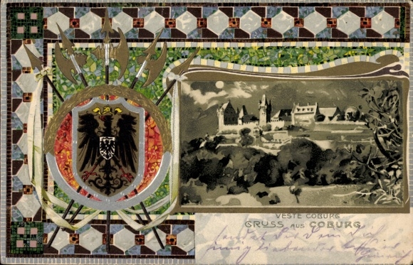 Embossed Coat of Arms Passepartout Artist Chromo-Litho Coburg in Upper Franconia, Veste Coburg
