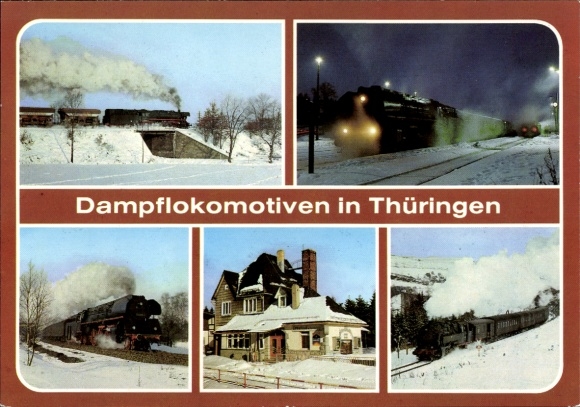 Postcard Weida in Thuringia, steam locomotives in Thuringia, BR 44 with block train, station, winter