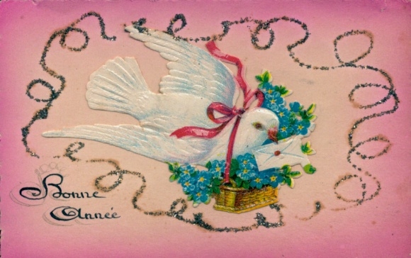 Glitter Postcard Happy New Year, flowers and dove