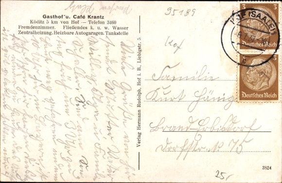 Postcard Koeditz in Upper Franconia, Gasthof Cafe Krantz, train station, church, total view