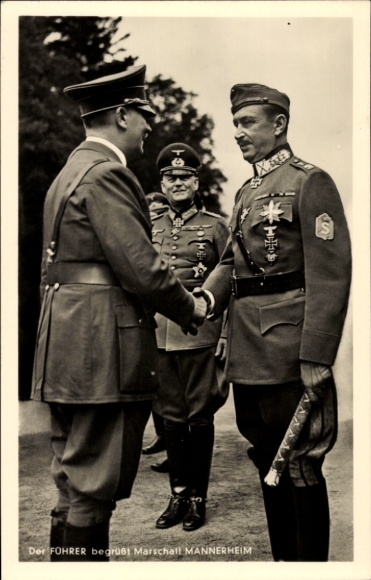 KP Führer i kanclerz Rzeszy Adolf Hitler witają fińskiego marszałka Mannerheima