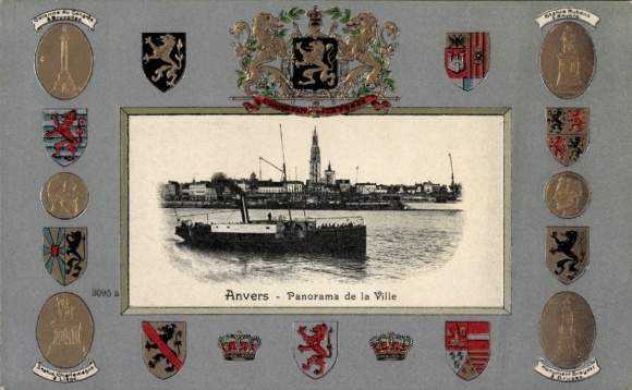 Geëmbosseerd wapenschild Ak Anvers Antwerpen Vlaanderen, algemeen beeld, stoomboot