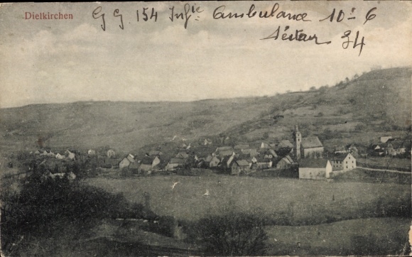 Ak Dielkirchen in der Pfalz,  Landschaft mit Kirche, Häusern, Hügellandschaft
