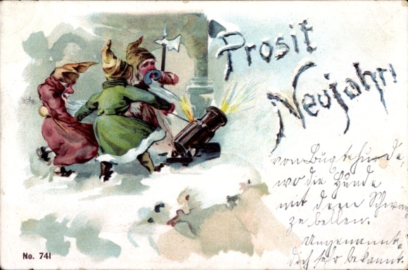Chromo-Litho Happy New Year, dwarves, cannon