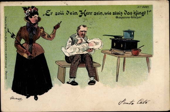 Artist Chromo-Litho He shall be your master, father gives baby the bottle, woman goes out