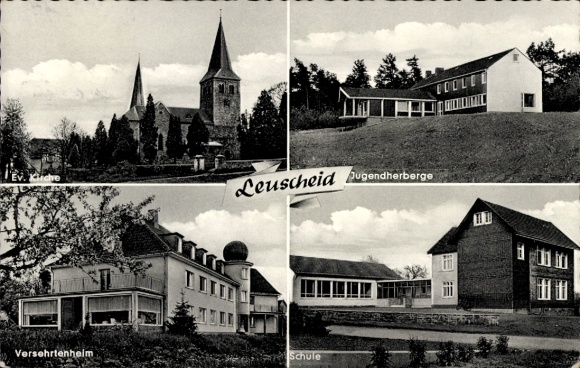 Postcard Leuscheid Windeck in Rhein Sieg district, Protestant church, youth hostel, school, home for the disabled