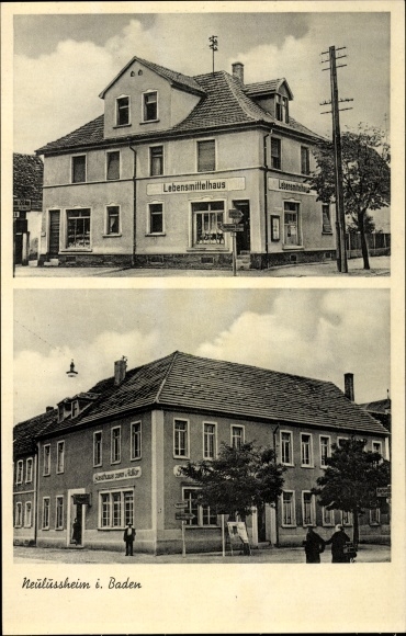 Postcard Neulußheim in Baden, grocery store, Inn zum Adler