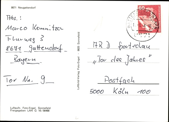 Postcard Neugattendorf Oberfranken, aerial photo of the place with surroundings