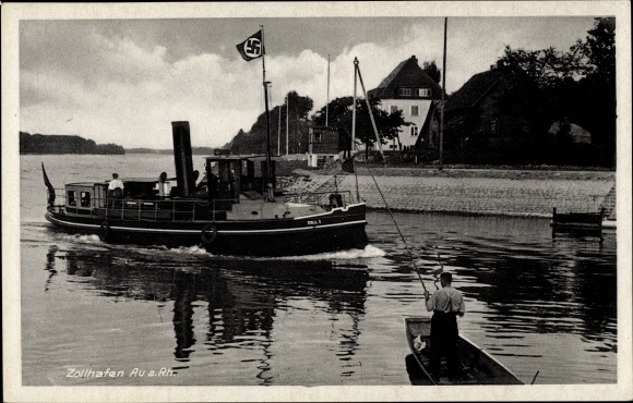 Postcard Neuburg am Rhein, view of the former customs station Neuburgweier, pilot station, boat