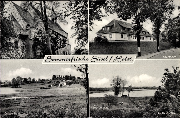 Postcard Süsel in Ostholstein, lot at the lake, retirement home, church