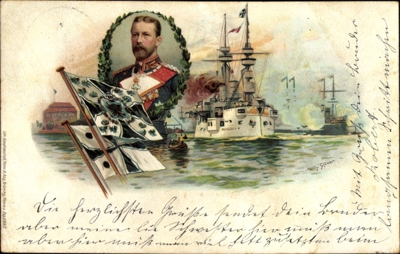 Kunstenaar litho Stöwer, Willy, Duits oorlogsschip, SMS Duitsland, vlaggenschip, prins Heinrich