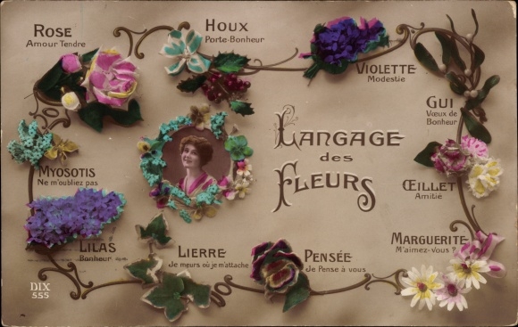 Postcard Blumensprache, Language of Flowers, Modesty Violet, Tender Love Rose, Daisy