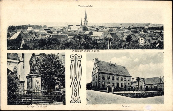 Postcard Niedersaulheim in Rheinhessen, total view of the town, war memorial, school