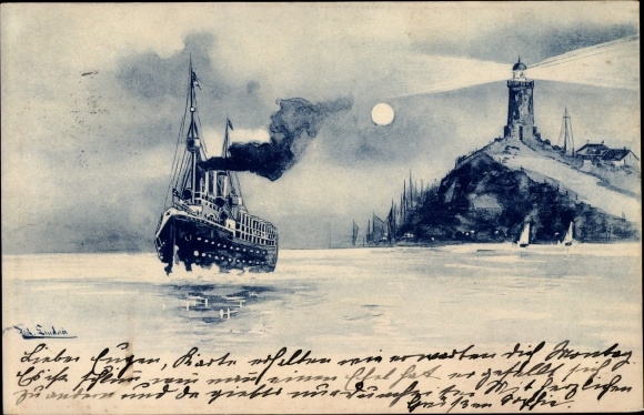 Artist Postcard Steamer on the sea at night, lighthouse, moonlight