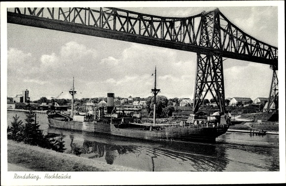 Ak Rendsburg in Schleswig Holstein, Blick auf die Hochbrücke, Frachtkahn