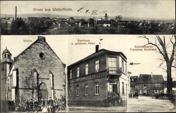 Ak Wallertheim in Rheinhessen, Gasthaus zum goldenen Adler, supermarkt, kerk