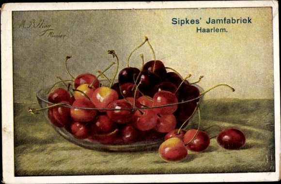 Kunstenaar Ak Billing, M., fruit in een kom, kersen, fabriek in Haarlem, reclame
