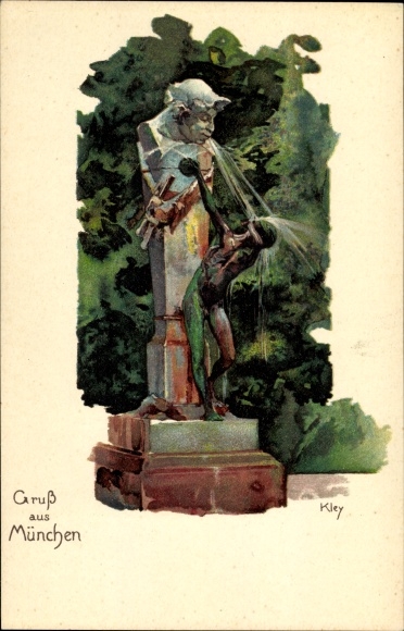 Kunstenaar litho Kley, Heinrich, München Beieren, Satyrenbrunnen