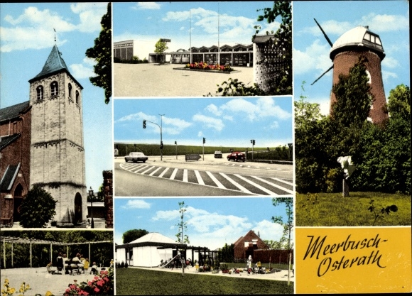 Postcard Osterath Meerbusch in the Rheinkreis Neuss, church, windmill, building