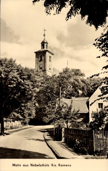 Postcard Nebelschütz in Upper Lusatia Saxony, partial view, church tower