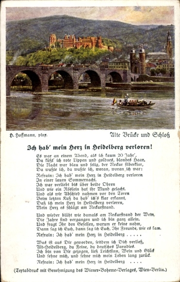 Artist Song Postcard H. Hoffmann, I lost my heart in Heidelberg, old bridge, castle