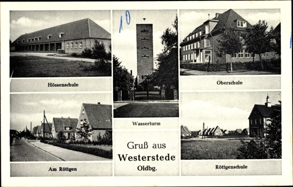 Postcard Westerstede in Oldenburg Ammerland, Hössenschule, high school, water tower, on Röttgen