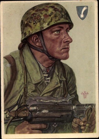 Artist PC Willrich, Wolfgang, Feldwebel Helmut Arpke, recipient of the Knight&#39;s Cross, machine gun, VDA E 34