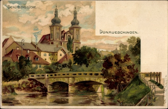 Artist Chromo-Litho Münch, C., Donaueschingen in the Black Forest Baar district, view of the Schützenbrücke