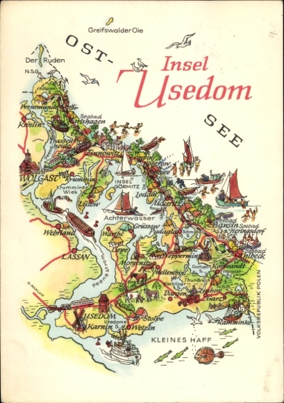 KP Wyspa Uznam, Ilustrowana mapa wyspy, okolic, zabytki