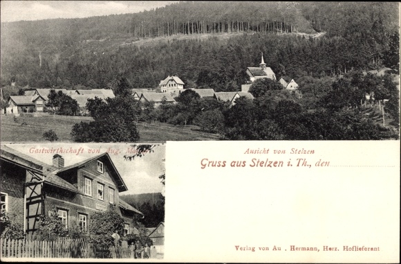 Postcard Stelzen Sachsenbrunn Eisfeld in Thuringia, long view, restaurant by August M.