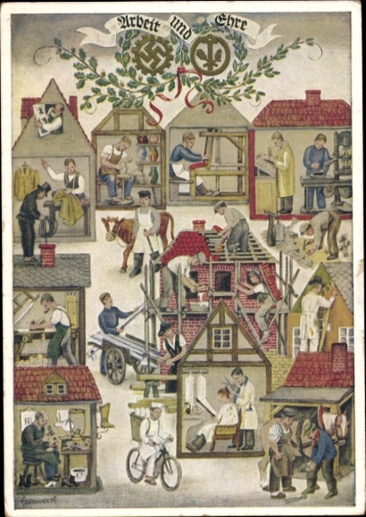 Künstler Ak Reichshandwerkertag 1936, Arbeit und Ehre, Friseur, Bäcker, Töpfer, Schornsteinfeger