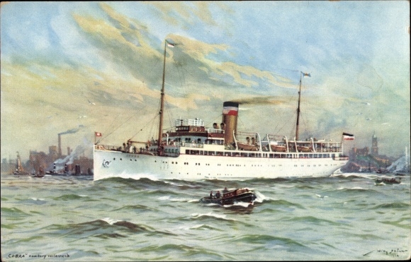Artist PC Stöwer, Willy, turbine express steamer Cobra of HAPAG, leaving Hamburg