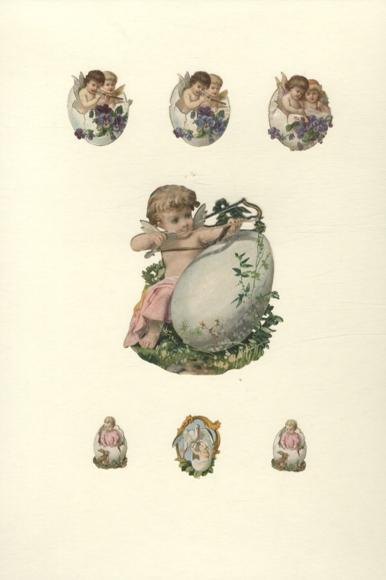7 Oblaten Engel und Kleinkinder mit Ostereiern und Blumen, ca. 10 x 8 cm, 4 x 3 cm und 3 x 2 cm