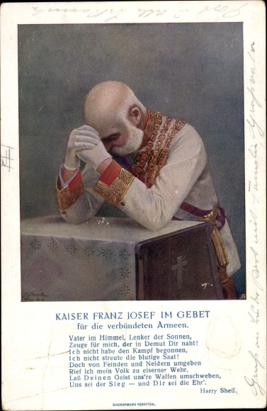 Postcard Emperor Franz Joseph I in prayer for the allied armies