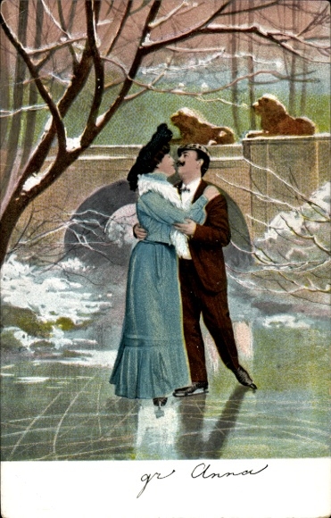 Chromo-Litho Lovers ice skating on the lake