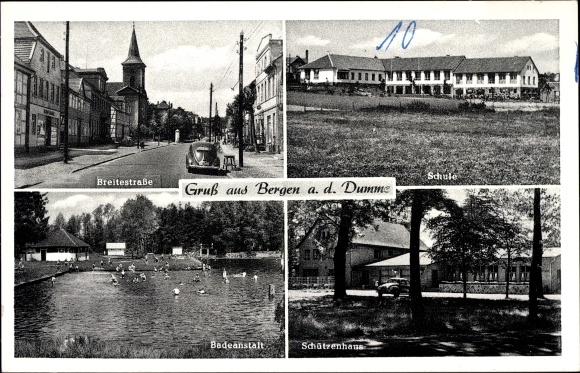 Postcard Bergen on the Dumme Wendland, Breitestrasse, school, swimming pool, Schützenhaus