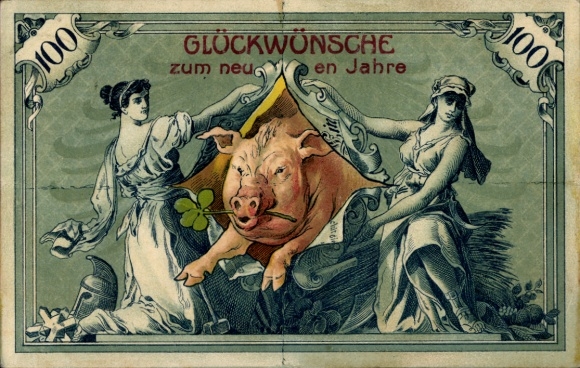 Chromo-Litho Happy Birthday, Pig Jumping Through a Banknote
